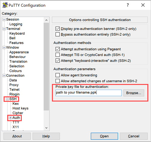 Podokno Konfigurace PuTTY – privátní klíč SSH
