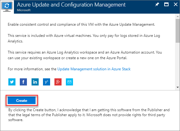 Dialogové okno Azure Update and Configuration Management obsahuje vysvětlující informace, tlačítko Vytvořit (zvýrazněné) pro přidání rozšíření a odkaz na další informace.