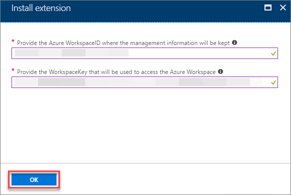 Dialogové okno Instalovat rozšíření obsahuje textová pole pro Azure WorkspaceID a WorkspaceKey.