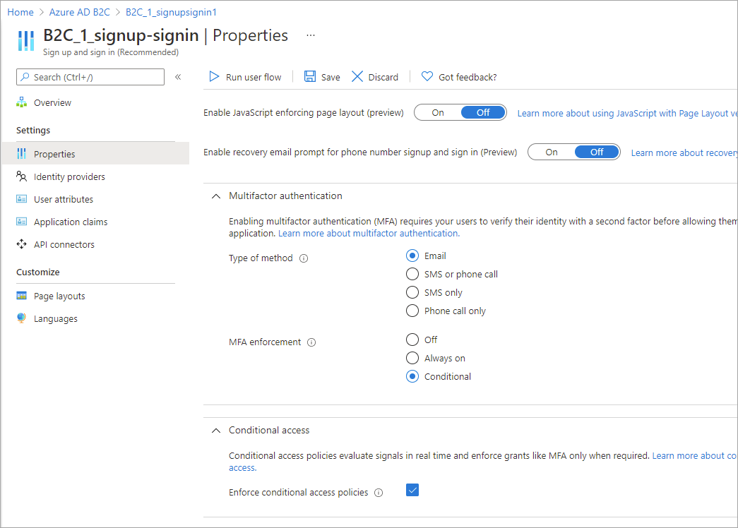 Configure MFA and Conditional Access in Properties