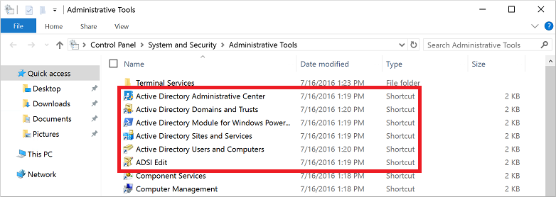 List of Administrative Tools installed on the server