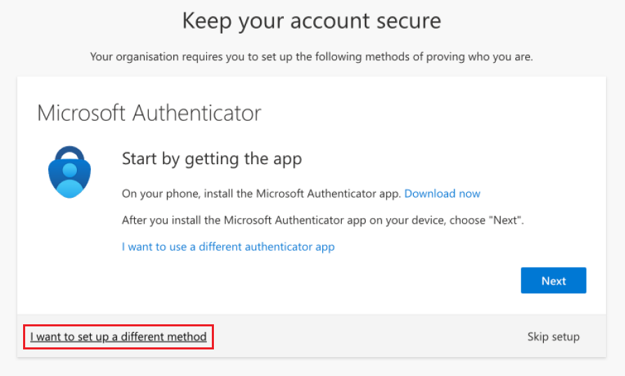 Snímek obrazovky s postupem, jak při nastavování aplikace Microsoft Authenticator zvolit jinou metodu