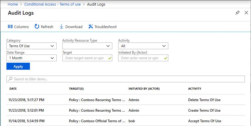 Azure AD audit logs screen listing date, target policy, initiated by, and activity
