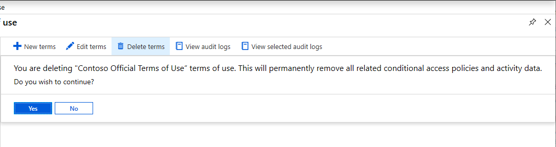 Message asking for confirmation to delete terms of use