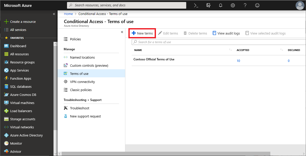 Conditional Access - Terms of use blade
