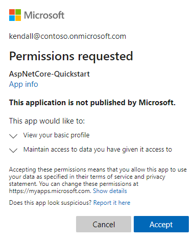 Consent dialog showing the permissions the app is requesting from the > user