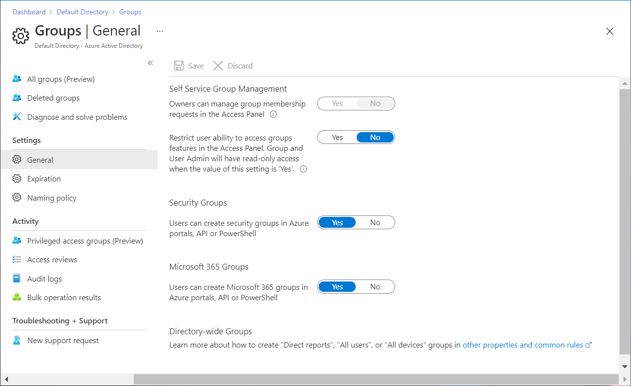 Snímek obrazovky znázorňující obecné nastavení skupin Microsoft Entra