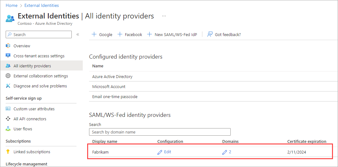 Snímek obrazovky zobrazující zprostředkovatele identity v seznamu SAML WS-Fed