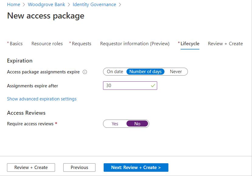 New access package - Lifecycle tab