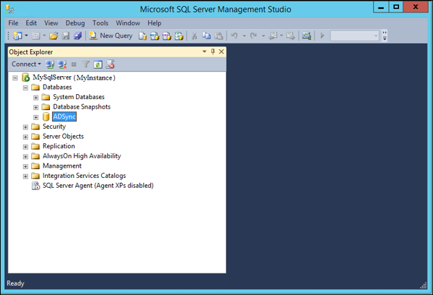 Screenshot showing Microsoft SQL Server Management Studio. A D Sync is selected.