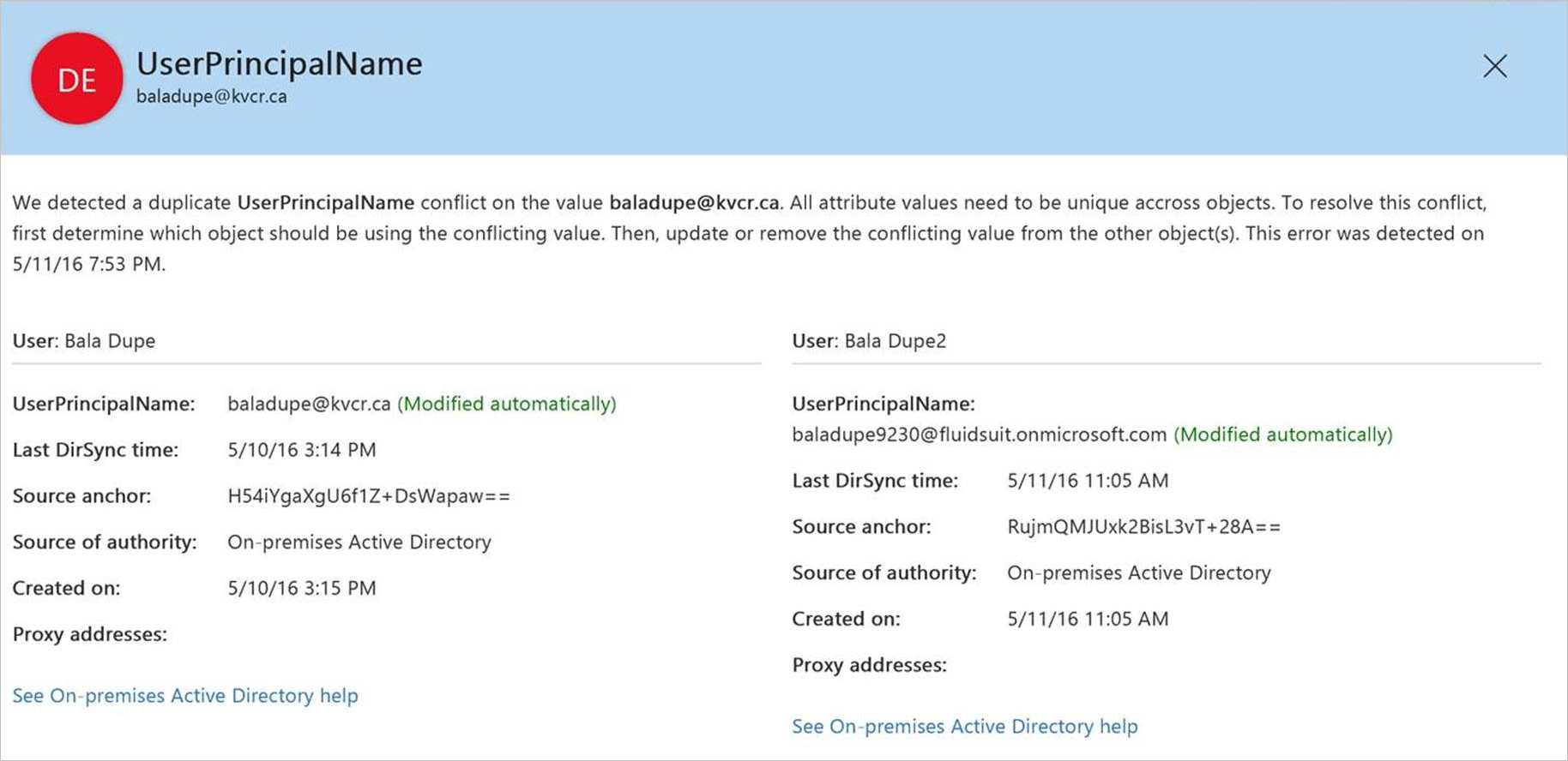 Snímek obrazovky znázorňující chyby synchronizace adresářů v Centrum pro správu Microsoftu 365