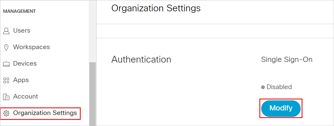 Screenshot shows Authentication Settings where you can select Modify.