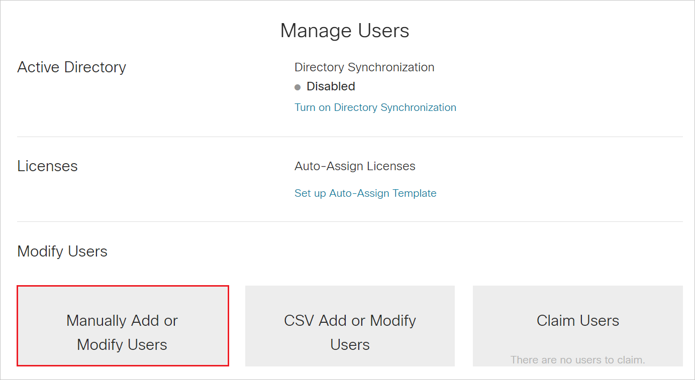Screenshot shows the Users page where you can Manage Users and select Manually Add or Modify Users.