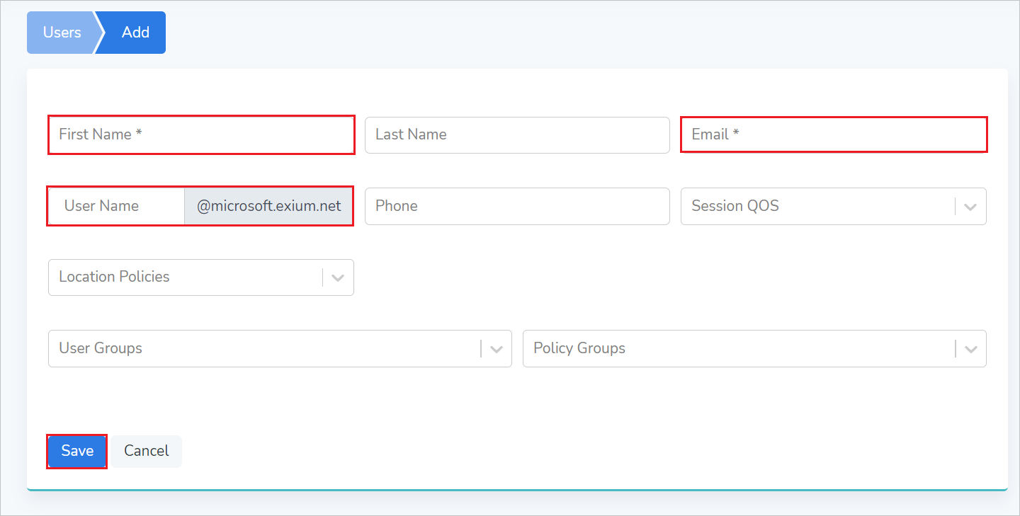 screenshot for create test user fields with save button