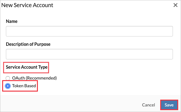 Screenshot of the New Service Account dialog box with the Service Account Type, Token Based, and Save options called out.