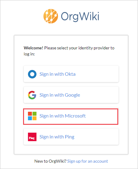 Screenshot of the The Org Wiki sign in page with the Sign in with Microsoft option called out.