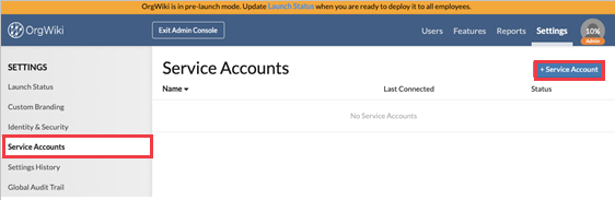 Screenshot of the Service Accounts page in the the Org Wiki Admin Console.