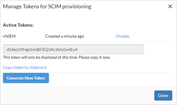 Screenshot of the Manage Tokens for S C I M provisioning dialog box.