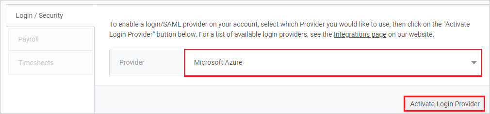 Screenshot shows Activate Login Provider selected for Microsoft Azure.