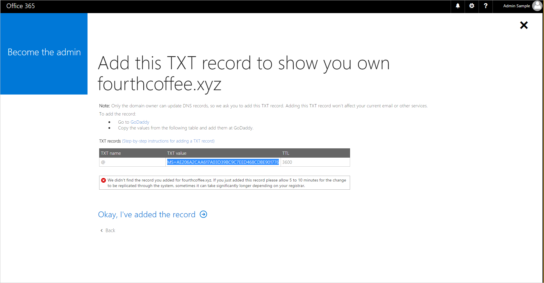 Snímek obrazovky s přidáním záznamu TXT pro název domény