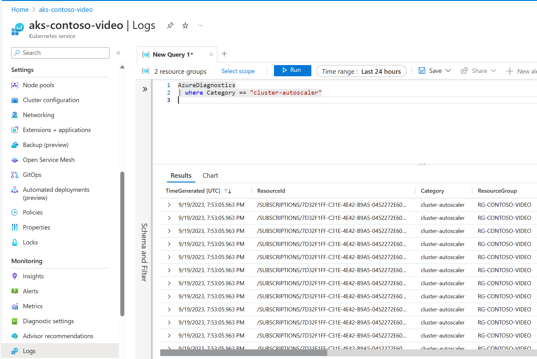 Snímek obrazovky s protokoly Log Analytics