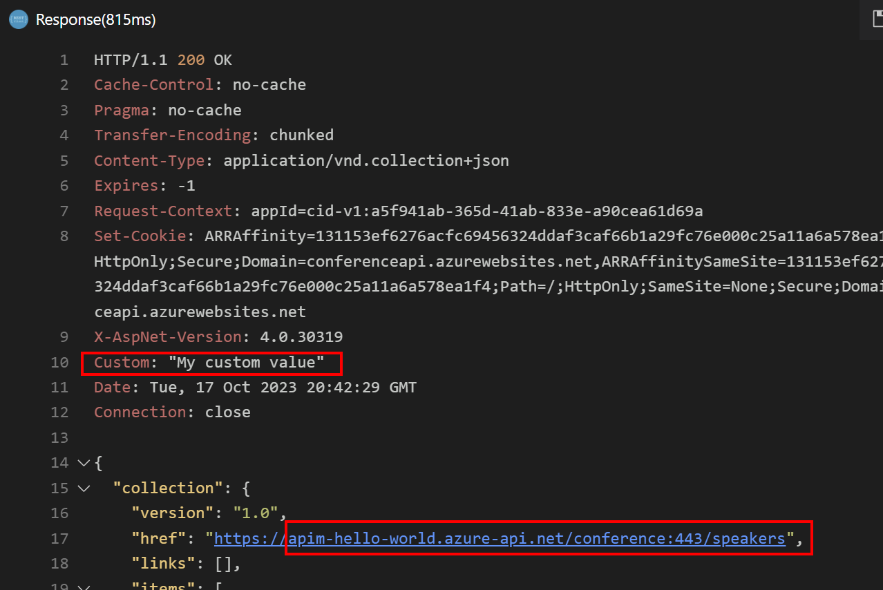 Snímek obrazovky s odpovědí testu rozhraní API v editoru Visual Studio Code