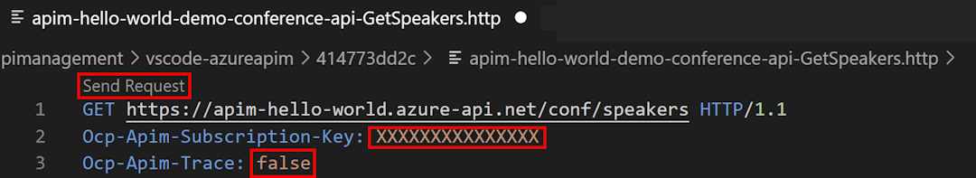 Snímek obrazovky s odesíláním požadavku rozhraní API z editoru Visual Studio Code
