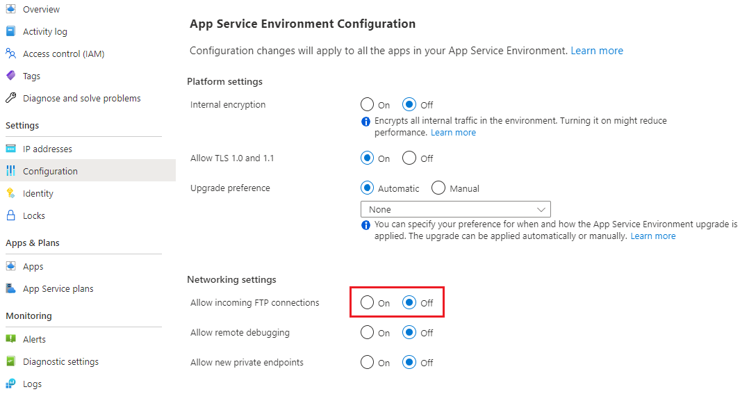 Snímek obrazovky z Azure Portal, jak nakonfigurovat App Service Environment tak, aby povolovali příchozí připojení FTP