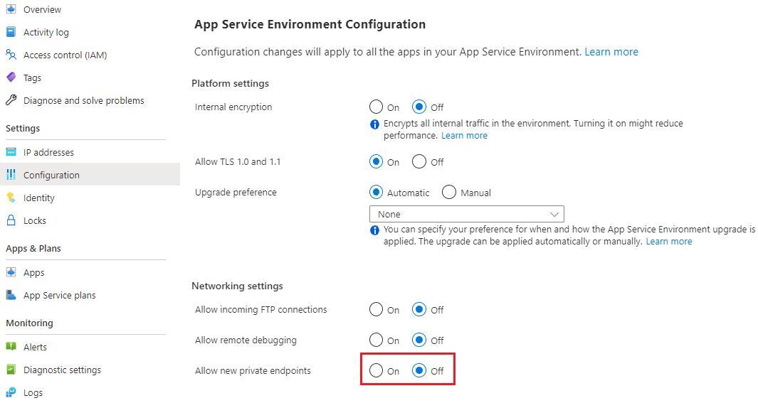 Snímek obrazovky z Azure Portal, jak nakonfigurovat App Service Environment tak, aby umožňoval vytváření nových privátních koncových bodů pro aplikace