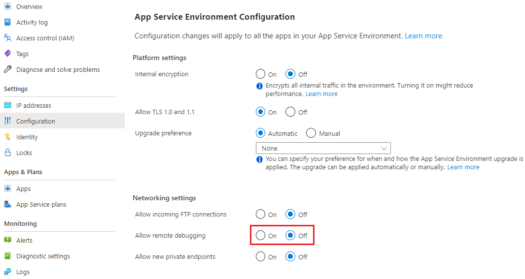 Snímek obrazovky z Azure Portal, jak nakonfigurovat App Service Environment tak, aby umožňoval vzdálené ladění