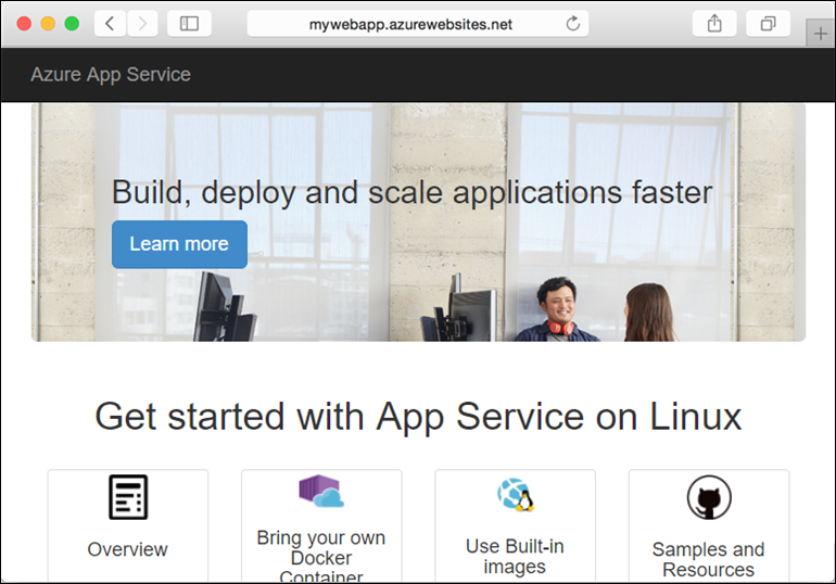 Snímek obrazovky prohlížeče znázorňující úspěšné spuštění webové aplikace v Azure