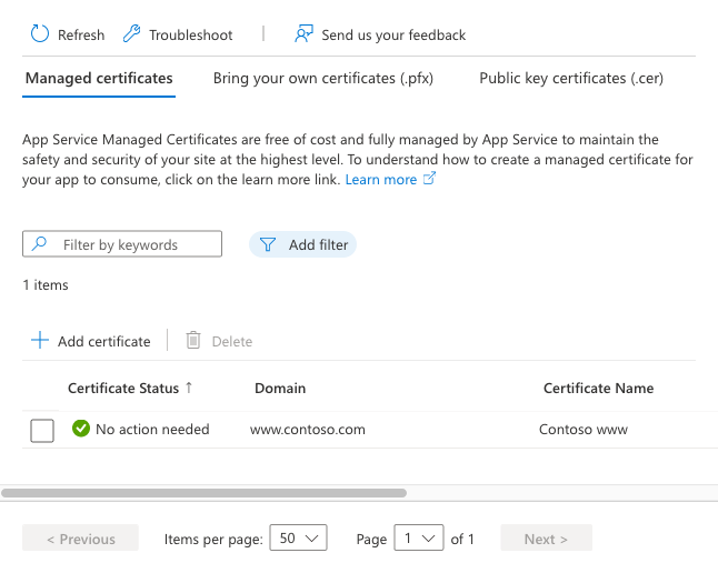 Snímek obrazovky s podoknem Spravované certifikáty s nově vytvořeným certifikátem