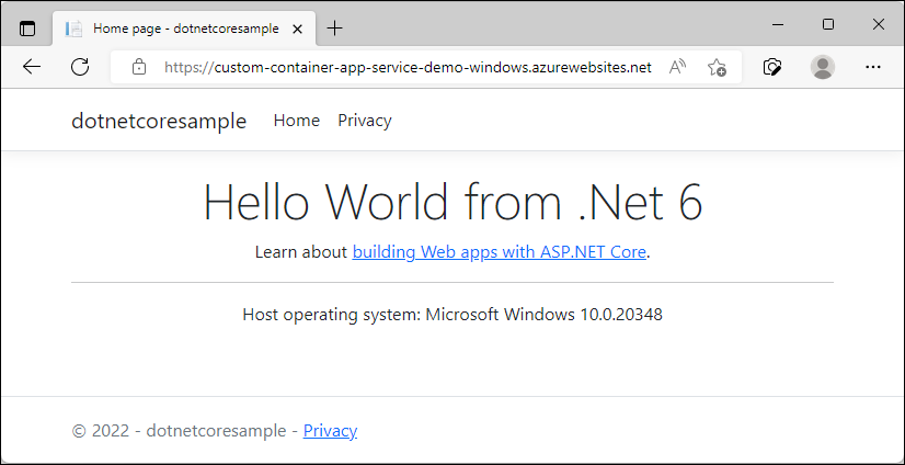 Snímek obrazovky služby Windows App Service se zasíláním zpráv, které kontejnery bez vystaveného portu poběží v režimu na pozadí