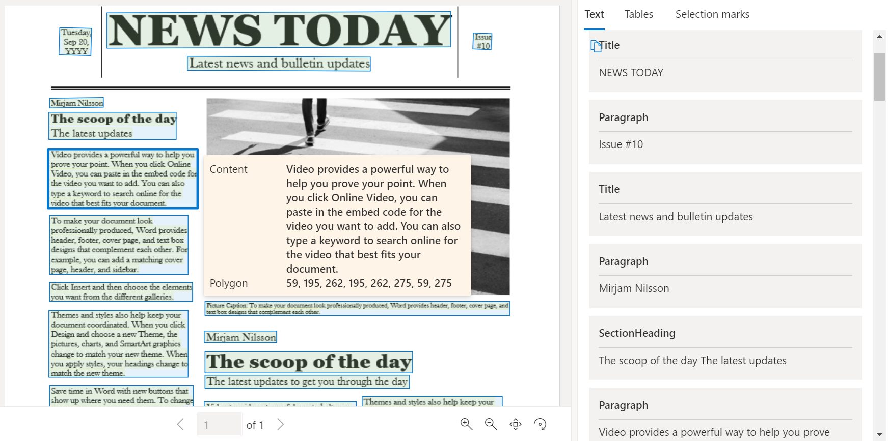 Snímek obrazovky s ukázkovou stránkou novin zpracovaných pomocí nástroje Document Intelligence Studio
