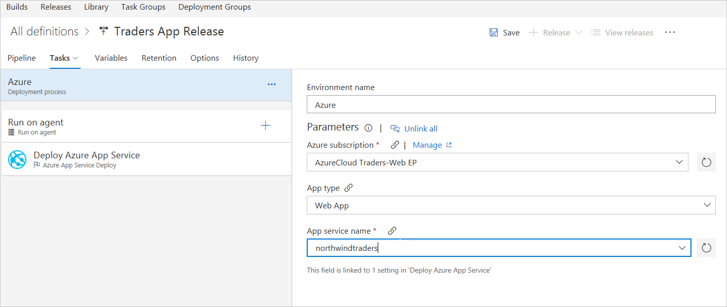 Nastavení názvu služby Azure App Service v Azure DevOps Services