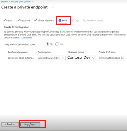 Screenshot of how to create a private endpoint in DNS tab.