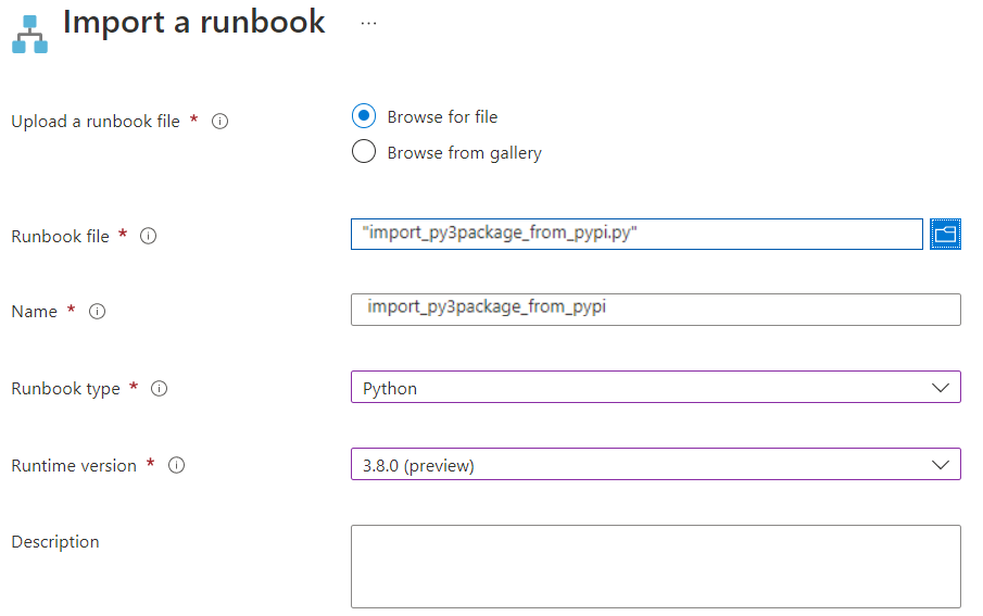 Screenshot shows the Python 3 runbook import page.