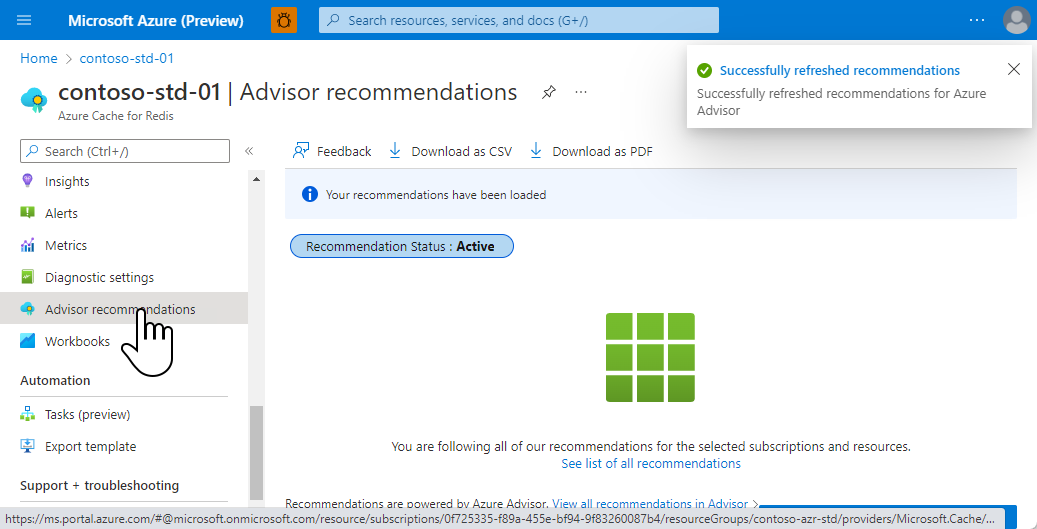 Snímek obrazovky, který ukazuje, kde se zobrazují doporučení Advisoru, ale neexistují žádné aktuální.
