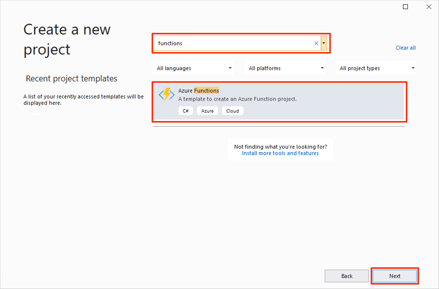 Snímek obrazovky s dialogovým oknem nového projektu pro vytvoření funkce v sadě Visual Studio