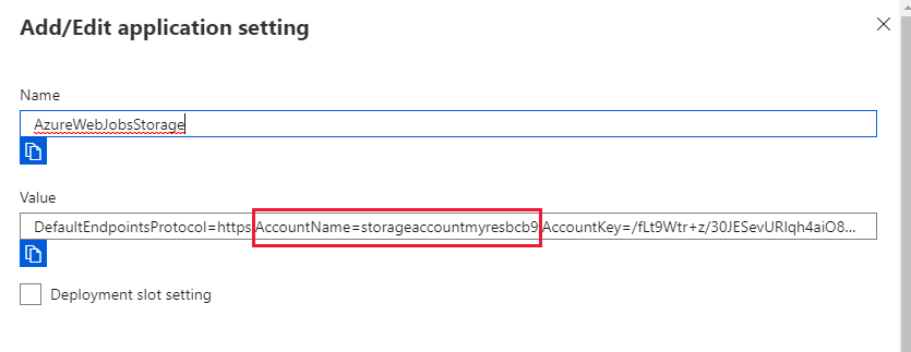 Vyhledejte účet úložiště připojený k AzureWebJobsStorage.