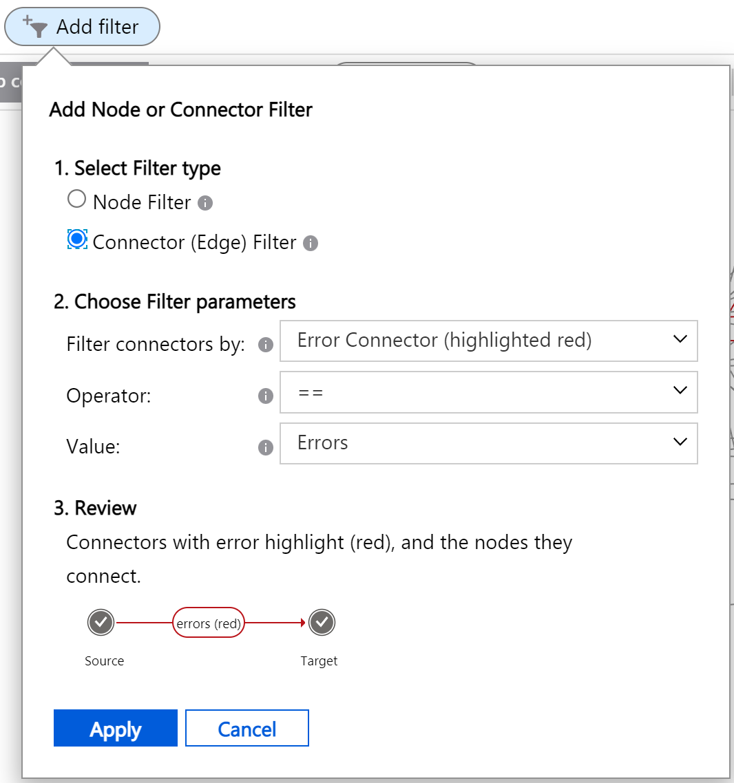 Snímek obrazovky s vybraným přepínačem filtr Připojení or Edge Filter