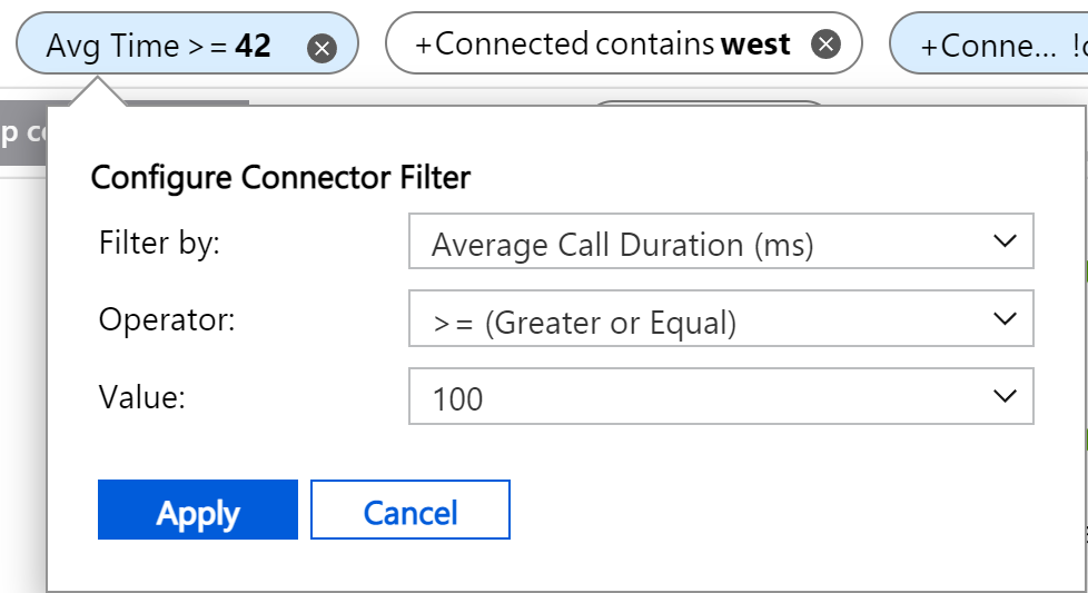 Snímek obrazovky zobrazující oddíl Konfigurovat Připojení or filtr s tlačítkem Zrušit