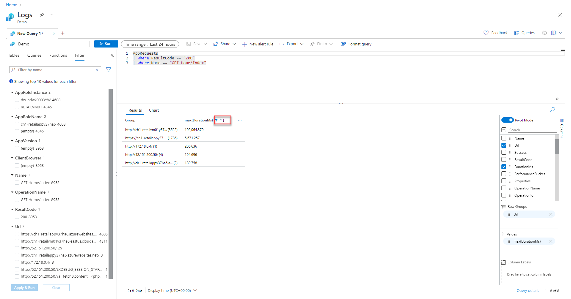 Screenshot the query results pane being sorted by the maximum DurationMS values.