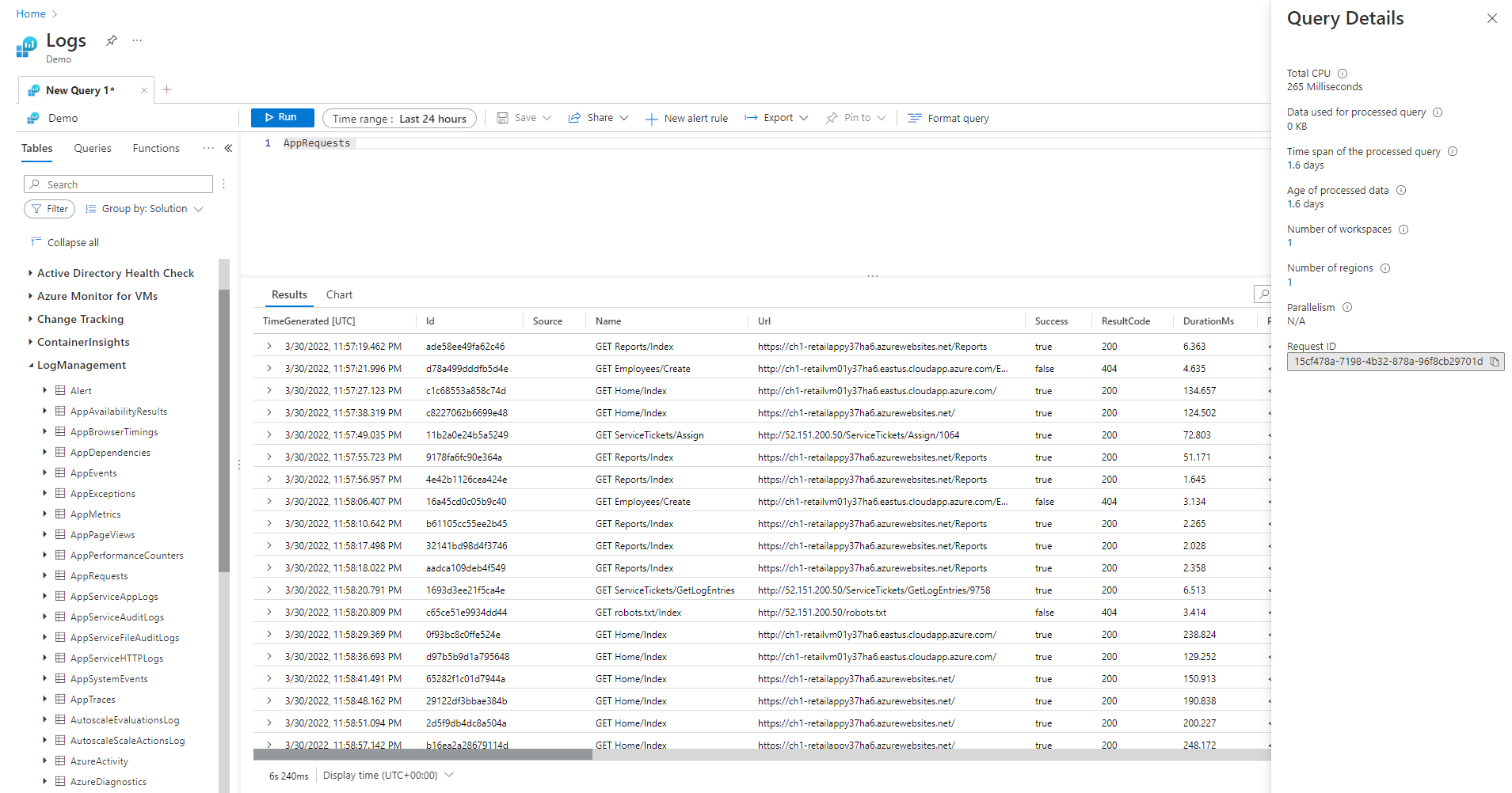 A screenshot showing the Query details pane in Azure Monitor Log Analytics.