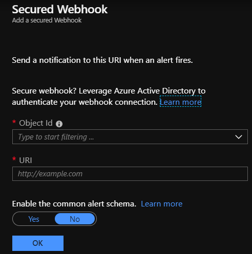 Snímek obrazovky s dialogovým oknem Zabezpečený webhook na webu Azure Portal s polem ID objektu