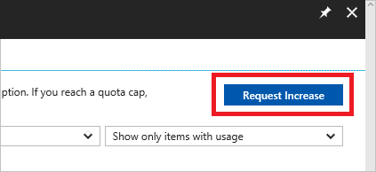 Snímek obrazovky se stránkou Využití a kvóty, na které je tlačítko Požádat o navýšení a ikona tužky označující možnost určení limitu kvóty