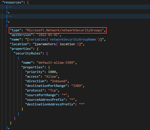 Snímek obrazovky editoru Visual Studio Code zobrazující definici skupiny zabezpečení sítě v šabloně ARM