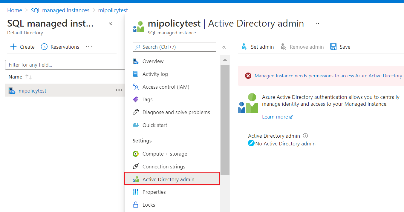 Screenshot of the Azure portal showing the Active Directory admin page open for the selected SQL managed instance.