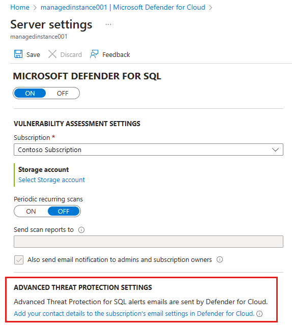 Screenshot shows the Server settings page where you can set up advanced threat protection.