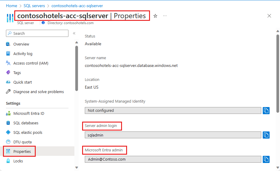 Snímek obrazovky se stránkou Vlastnosti SQL Serveru, kde můžete získat přihlašovací údaje správce serveru a hodnoty správce Microsoft Entra.